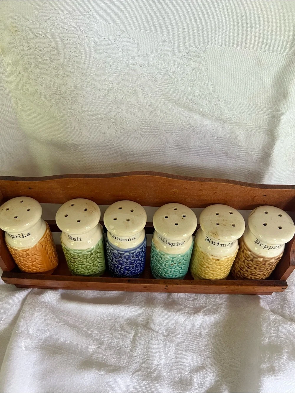 Ceramic Multicolor Spice Jar Set with Wooden Rack